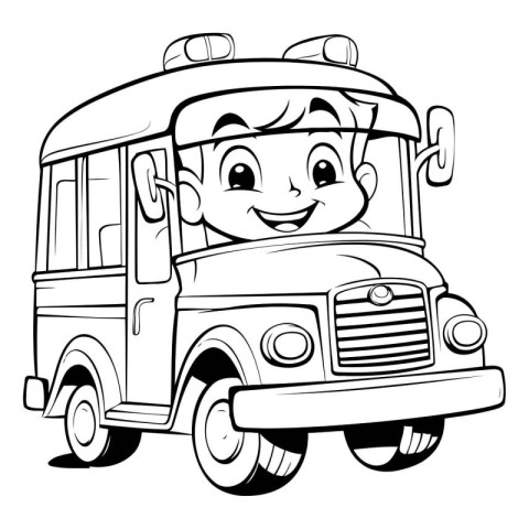 Black and White Cartoon Illustration of Little Boy Driving Schoo