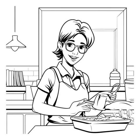 Woman cooking at home cartoon in black and white vector illustra