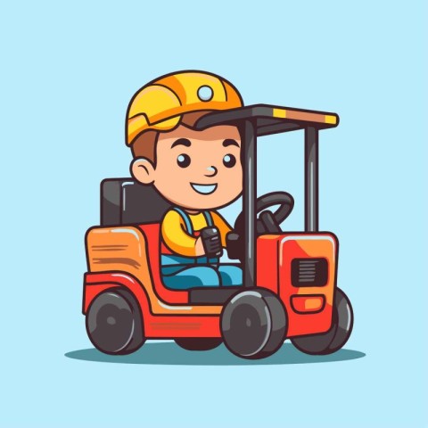 Forklift boy. Cute cartoon character. Vector illustration.