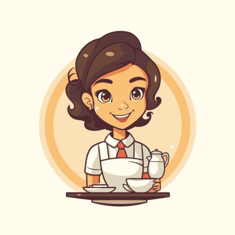 Cute waitress with a cup of coffee. Cartoon vector illustration.