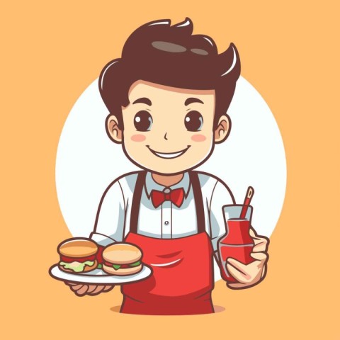 Cute cartoon waiter with hamburger and juice. Vector illustratio