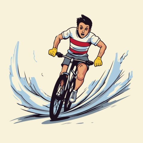 Vector illustration of a man riding a bike on a surfboard.