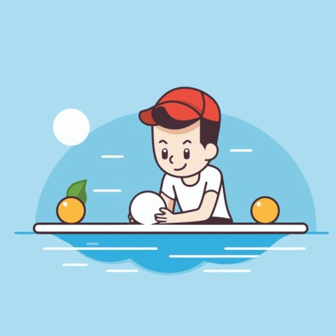 Boy playing with oranges on the beach. flat design vector illust