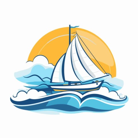 Sailing yacht on the waves. Vector illustration in cartoon style