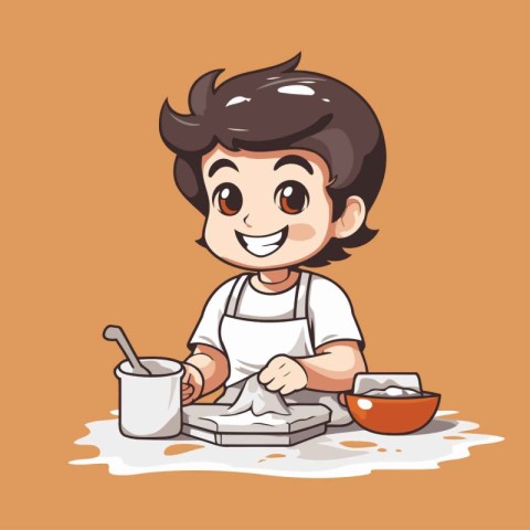 Vector illustration of a cute boy baking in the kitchen. Cartoon