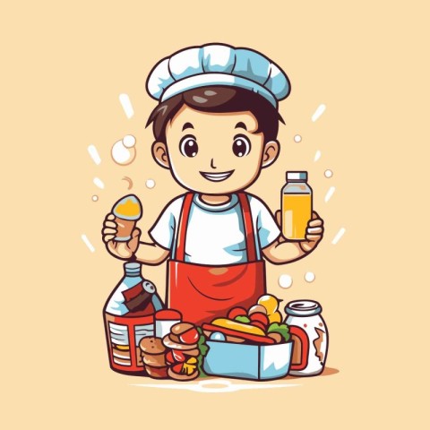 Cartoon boy chef with food and drink. Vector illustration of a c