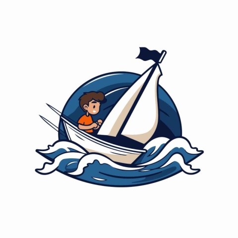 Boy sailing on a sailboat. Vector illustration on white backgrou