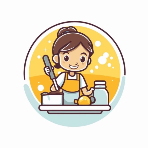 Cute little girl cooking in the kitchen. Vector flat illustratio