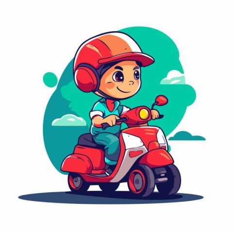 Boy in helmet riding scooter. Vector illustration. Cartoon style