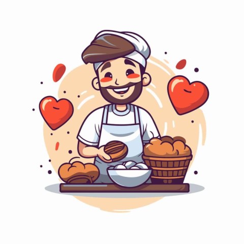 Vector illustration of a man in a chef hat with a tray full of b