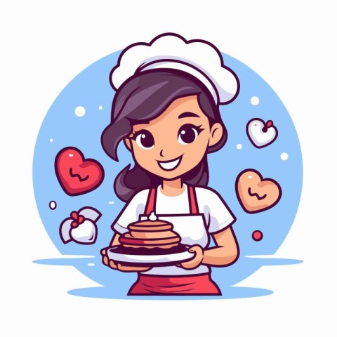 Cute little girl chef holding a plate of cake. Vector illustrati