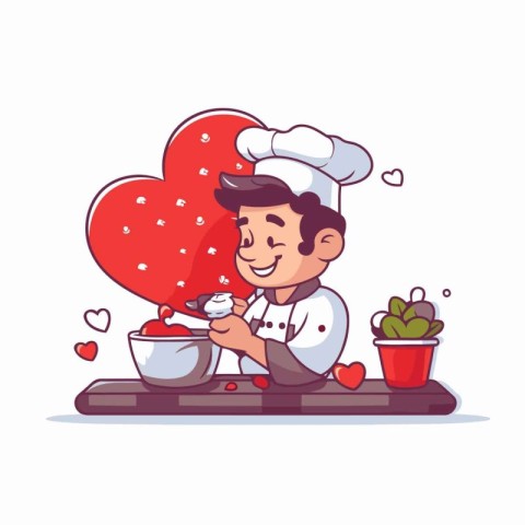 Cute cartoon boy chef cooking in the kitchen. Vector illustratio