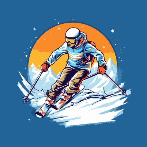 Skier in the mountains on a background of the moon. Vector illus