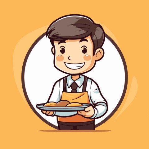 Smiling waiter holding plate with food. Vector illustration in c