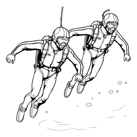 Two scuba divers jumping and diving into the sea. Vector illustr