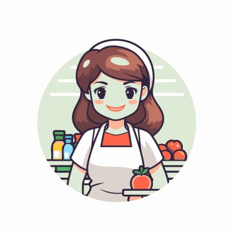 Cute girl in apron with fresh fruits and vegetables. Vector illu