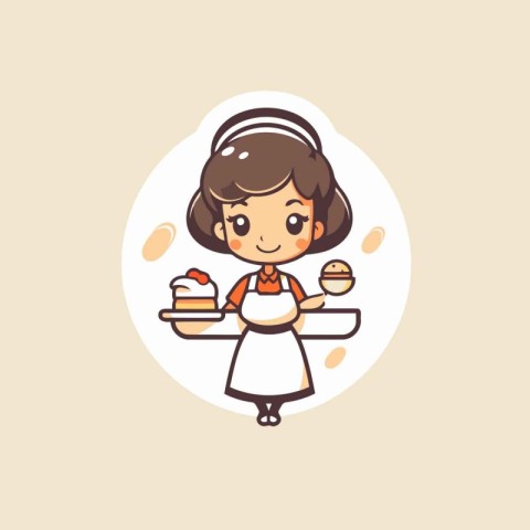 Cute little girl in apron holding a tray of cakes. Vector illust