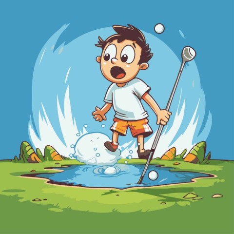 Cartoon boy playing golf. Vector illustration of a boy playing g