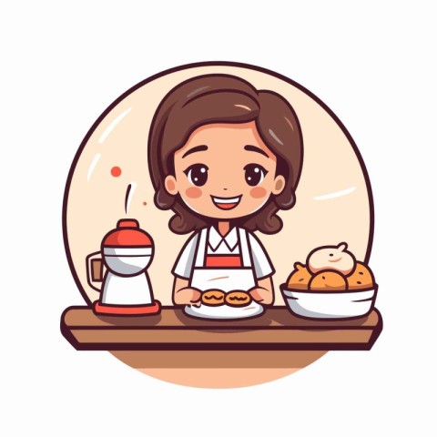 Cute little girl cooking cookies. Vector illustration in cartoon