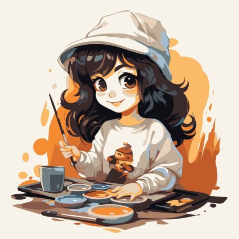 Cute little girl painting pancakes. Vector illustration in carto