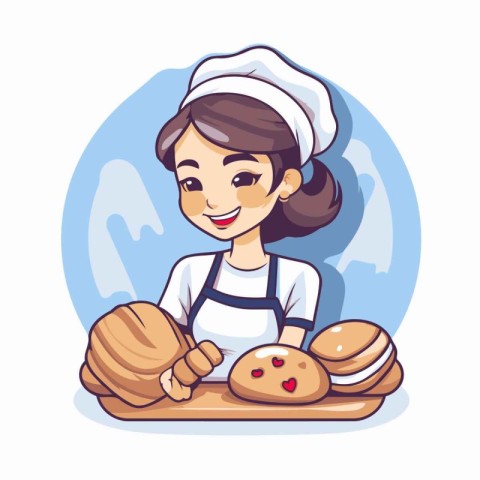 Cute cartoon girl chef holding bread and croissant. Vector illus