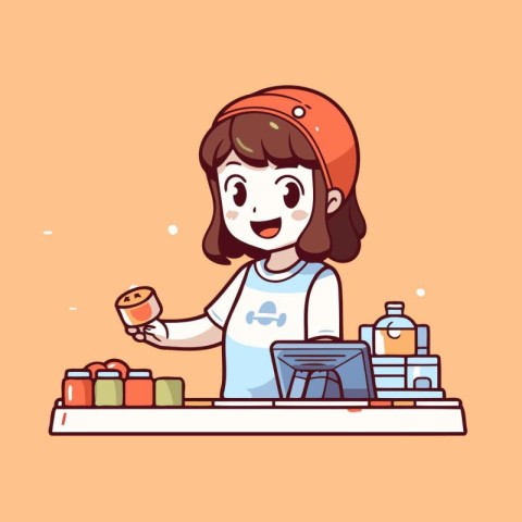 Cute little girl making sushi. Vector illustration in cartoon st