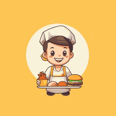 Cute cartoon boy chef with hamburger and french fries. Vector il