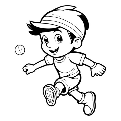 Little Boy Playing Baseball - Black and White Cartoon Illustrati