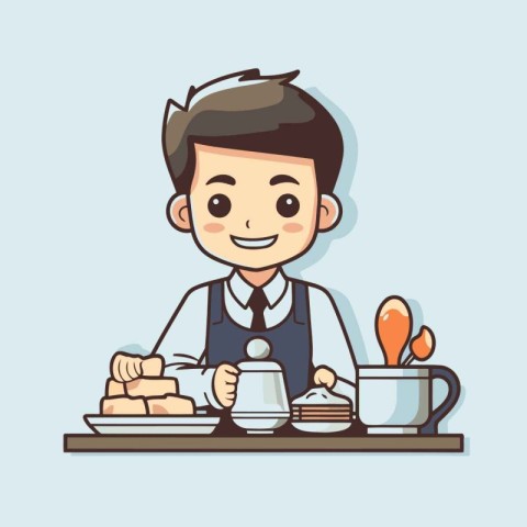 Cute cartoon waiter serving food in the cafe. Vector illustratio