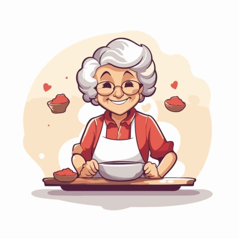 Elderly woman cooking in the kitchen. Cartoon vector illustratio