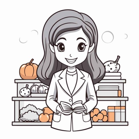 Illustration of a woman in a grocery store wearing a white coat