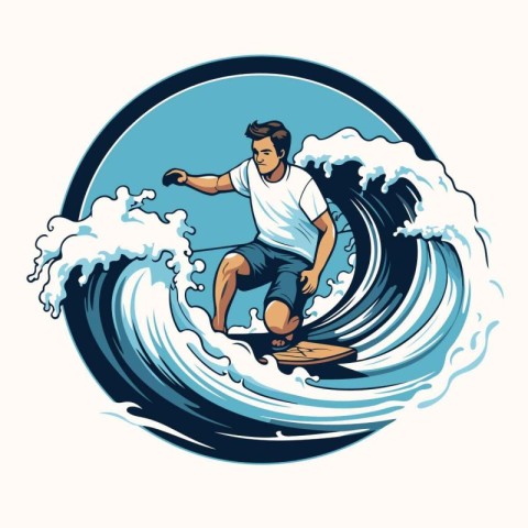 Vector illustration of a surfer jumping on a wave viewed from si