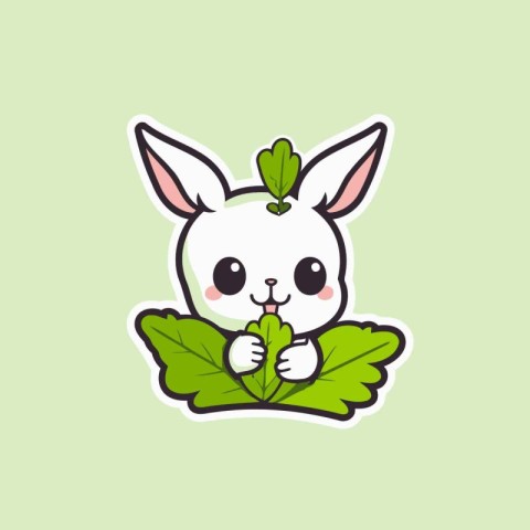 Cute rabbit with a green leaf. Vector illustration in flat style