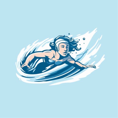 swimmer girl on the surfboard. vector illustration on a blue bac