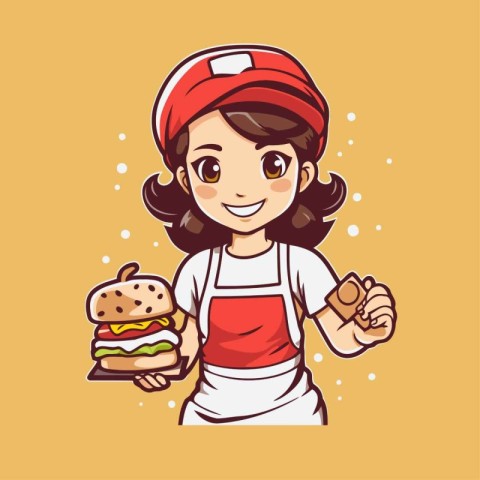 Cute girl in a red cap with hamburger. Vector illustration.