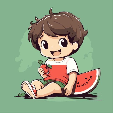 Cute little boy eating watermelon. Vector illustration in cartoo