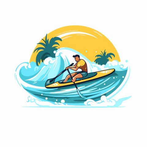 Man in a kayak on the ocean waves. Vector illustration.