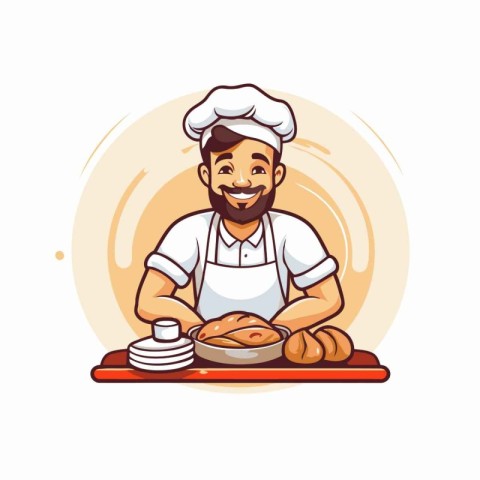 Chef with fresh baked bread. Vector illustration in cartoon styl