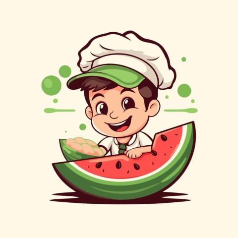 Cute cartoon chef with a slice of watermelon. Vector illustratio