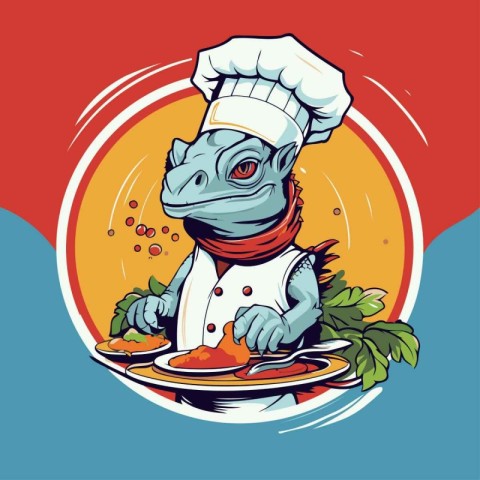 chef with a plate of food on a red background. vector illustrati