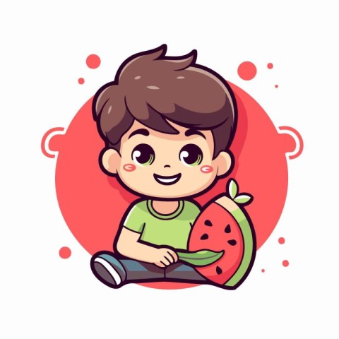 Cute boy eating watermelon. Vector illustration in cartoon style