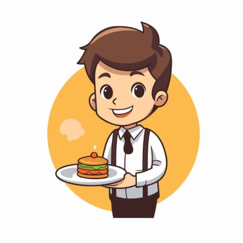 Cute cartoon waiter holding a plate with a cake. Vector illustra