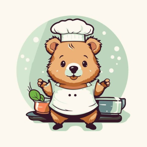 Cute bear chef with a pot in his hands. Vector illustration.