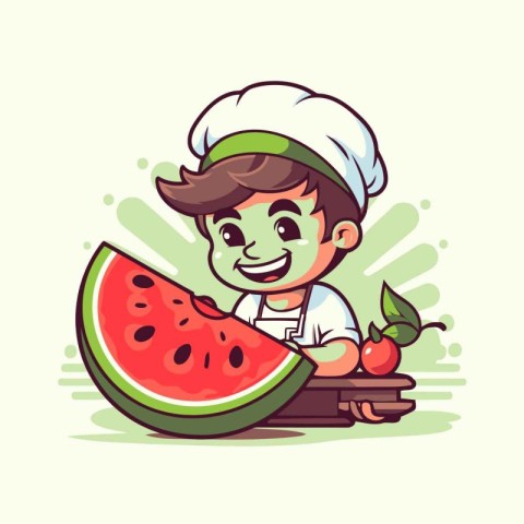 Chef boy with slice of watermelon. Vector cartoon illustration.