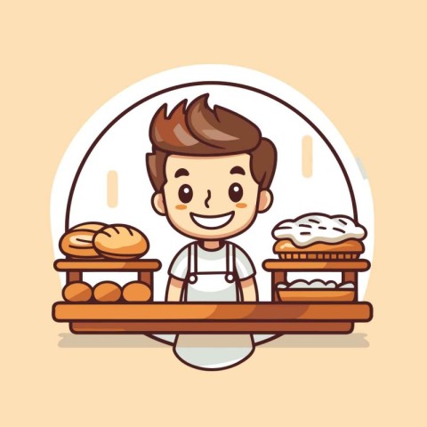 Baker Showing Bread - Cute Cartoon Style Vector Illustration