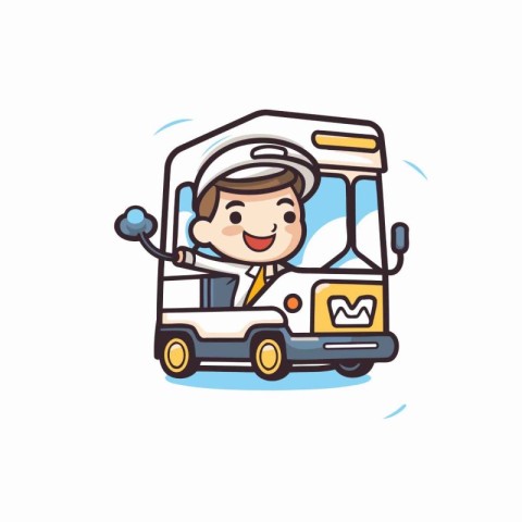 Cute boy driving a bus. Vector illustration in cartoon style.