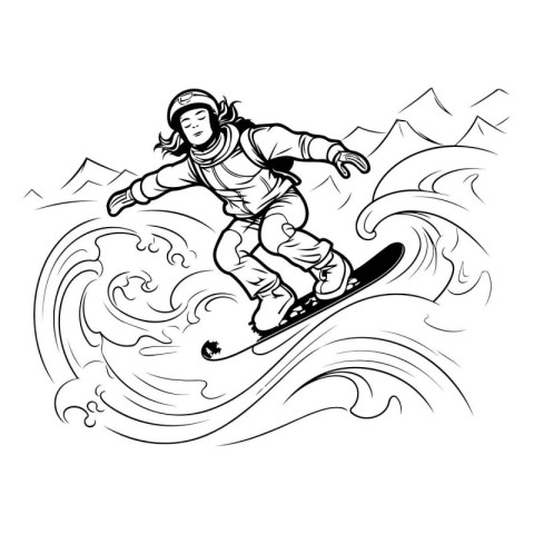 Snowboarder jumping on the waves. Monochrome vector illustration