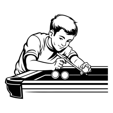 Boy playing table tennis. Black and white illustration of boy pl