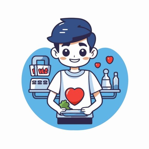 Cute boy holding a heart in his hands. Flat style vector illustr