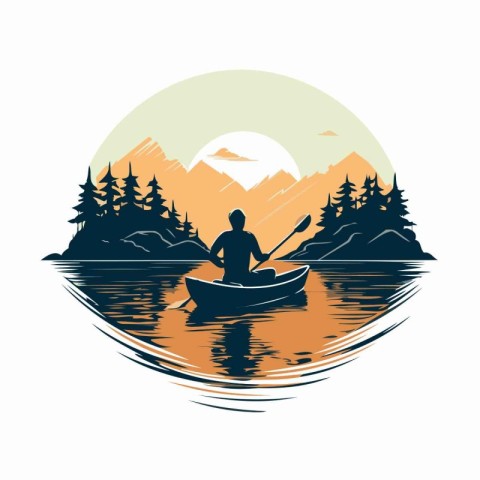 Kayaking in the lake. Vector illustration of a man kayaking on t